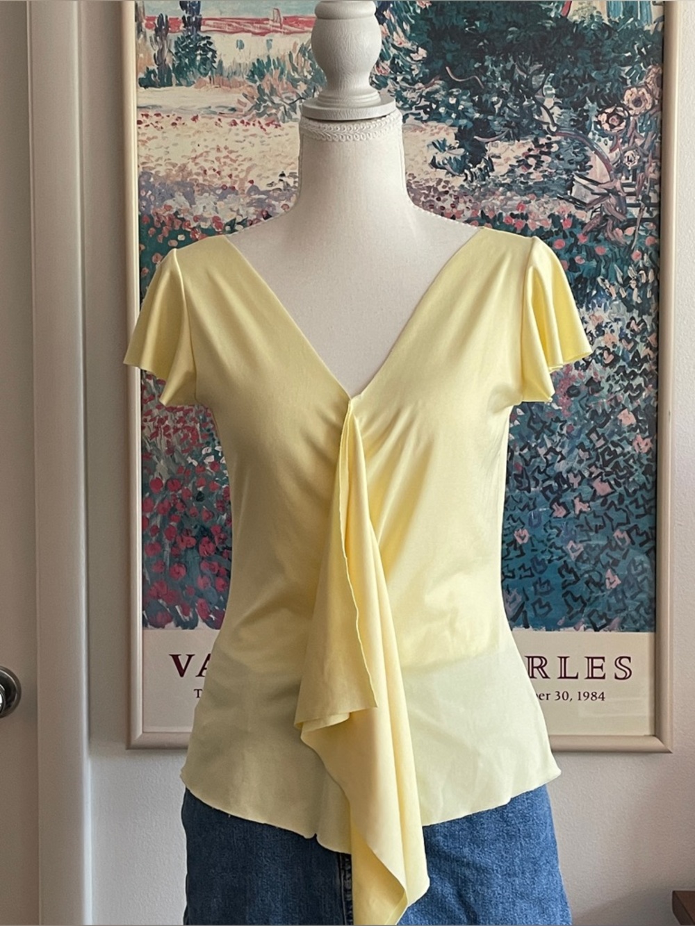 Vintage 90s Obe Butter Yellow V-Neck Ruffle Front Top Size Large Coquette Fairy